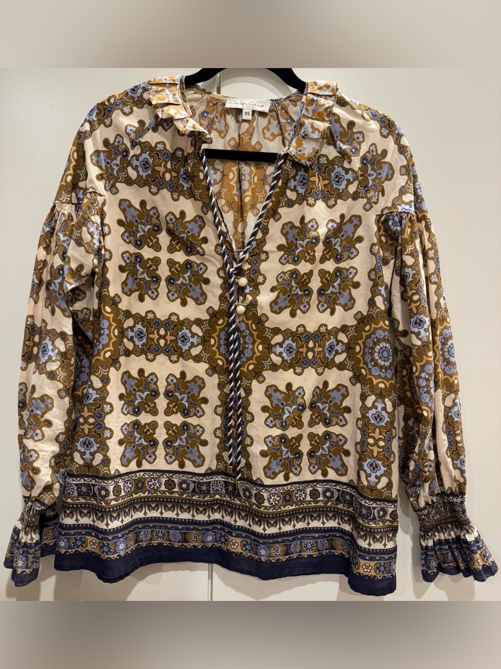 Cara Cara Boho Floral Print Peasant Blouse - Beige & Olive Size XS